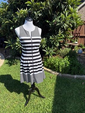 Boston Proper Black and White Striped Zip-Front Dress